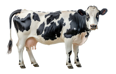 Dairy cow with udder. Black and white cow standing sideways. Isolated on white and transparent background