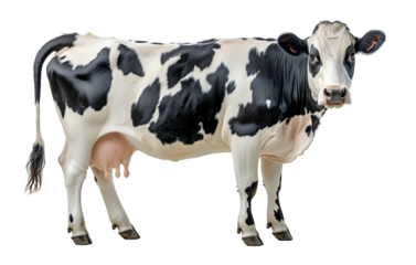 Dairy cow with udder. Black and white cow standing sideways. Isolated on white and transparent background