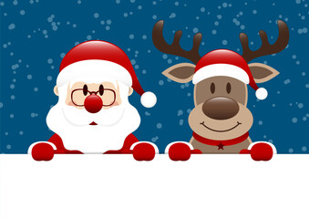 Weihnachtsmann Und Rentier Banner Schnee Dunkelblau Dunkelrot