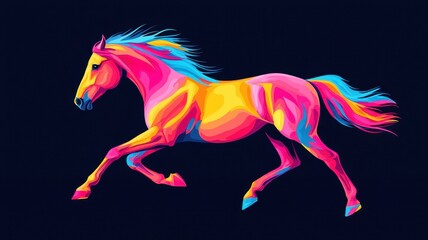 A vibrant, colorful illustration of a horse in dynamic motion against a dark background, showcasing a blend of psychedelic hues.