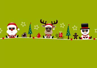 Karte Weihnachtsmann Rentier Und Schneemann Sonnenbrille Mit Icons Hellgrün Dunkelrot