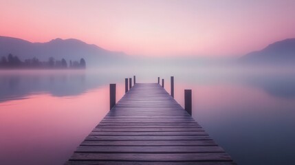 Fototapeta premium A wooden pier extends into a calm lake at sunrise with misty mountain backdrop