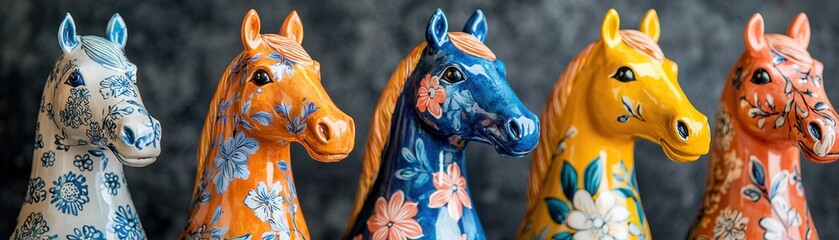 Colorful ceramic horse figurines lined up, each featuring unique floral designs, creating a vibrant and artistic display.