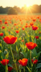 A vibrant field of red poppy flowers basking in the warm glow of a golden sunrise.