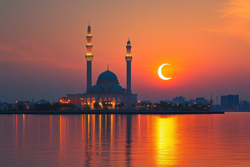 Fototapeta premium Mosque with crescent moon reflecting on tranquil water at sunset.