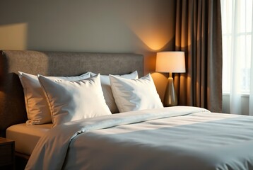 Obraz premium Luxurious Hotel Room - Bed, Pillows, Lamp