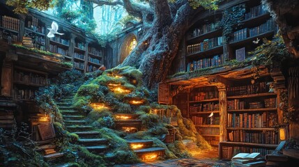 Fototapeta premium Enchanting mossy stairs lead to a magical library nestled within ancient trees.