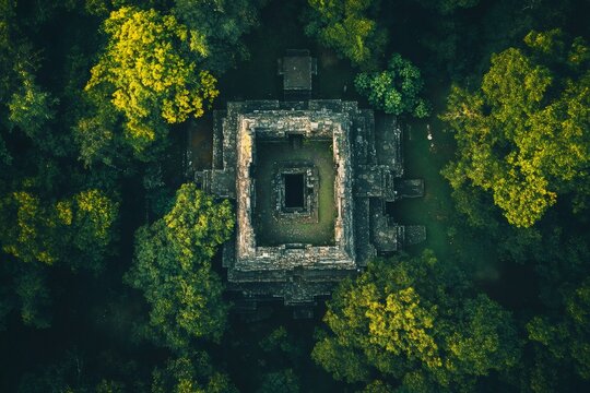 Koh ker temple emerging from cambodian jungle in aerial view