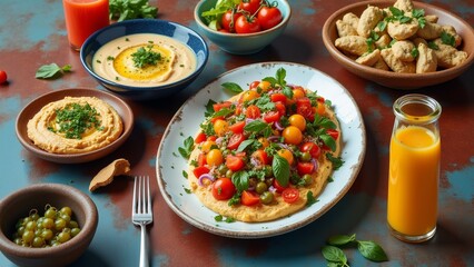 The image shows a table with a variety of food items arranged on it. On the left side of the table, there is a bowl of hummus with a drizzle of orange juice on top.