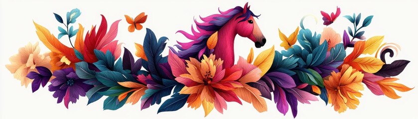 Obraz premium A vibrant, colorful illustration featuring a horse surrounded by an array of flowers and butterflies, blending nature and artistic design.
