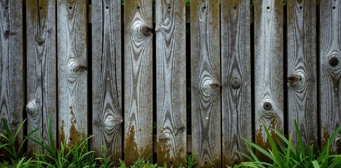 A weathered wooden fence with overgrown grass at the base, showcasing rustic charm.