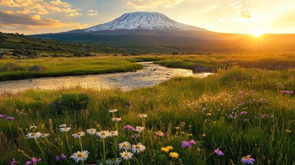 Majestic sunset over snow-capped mountain, wildflowers, and stream.