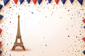 Eiffel tower with confetti and bunting celebrating bastille day