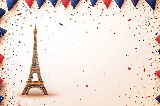 Eiffel tower with confetti and bunting celebrating bastille day