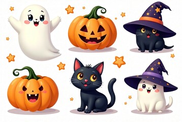 Fototapeta premium Cute Halloween Clipart Set - Smiling Ghost, Pumpkin, Cat, Witch Hat
