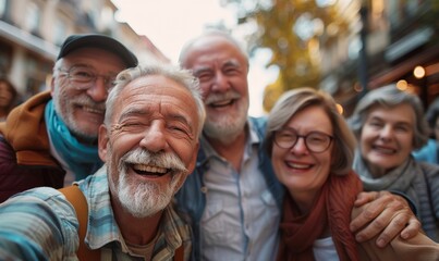 Fototapeta premium Happy group of senior people smiling at camera together outside - Delightful older friends enjoying day out walking on city street - Aged male and females pensioners hugging together outdoors