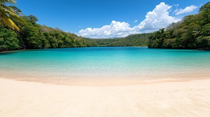 Secluded tropical beach with crystal-clear turquoise water, white sand, and lush green hills under a vibrant blue sky.