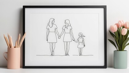 A framed illustration of a mother, daughter, and older daughter holding hands, accented with flowers. Perfect for family-themed decor