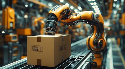 Fototapeta premium Close-up of a robotic arm moving cardboard boxes along a conveyor in a modern factory, demonstrating the power of automation in production lines.
