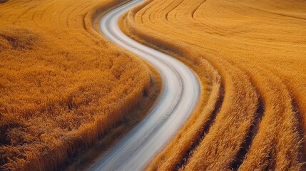 A winding road cuts through golden fields, creating a serene landscape that invites exploration and tranquility.