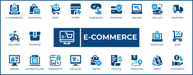 E-commerce Icon Set. Features editable icons for e-commerce, online shopping, retail, store, cart, checkout, payment, and more. Perfect for online stores, e-commerce platforms, and retail businesses.