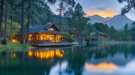 Fototapeta premium Lakeside cabin at sunset, mountain view.