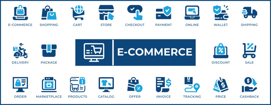 E-commerce Icon Set. Features editable icons for e-commerce, online shopping, retail, store, cart, checkout, payment, and more. Perfect for online stores, e-commerce platforms, and retail businesses.