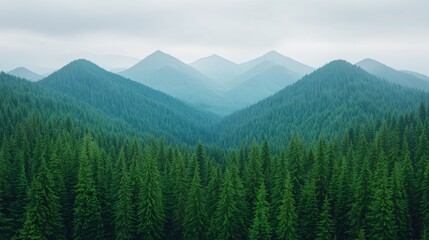 Obraz premium Serene mountain range with lush evergreen forest.