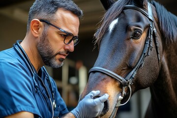 Fototapeta premium Veterinarian examining a horse's mouth with surgical gloves and stethoscope
