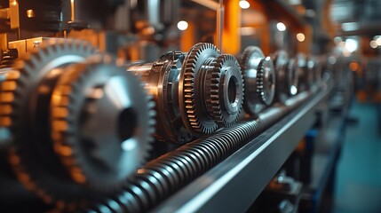 Close-up of metal gears turning in motion, showcasing machinery in action within an industrial factory, emphasizing technology and engineering mechanics.