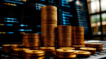 Golden Stacks of Coins: Financial Success and Growth in the Digital Age