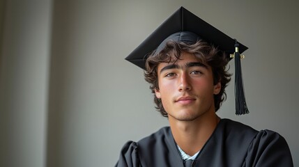 Simple and Modern Graduation Portrait of Young Man with Cap and Gown in Aligned Corner Setting