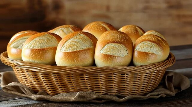 Golden Brown Crusty Bread Rolls in Wicker Basket