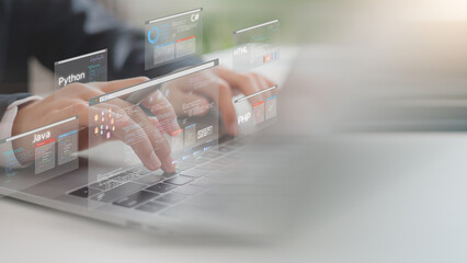 Python Programming Web Development Coding Concept. Software development concepts and programming...