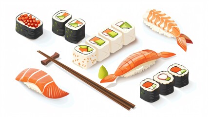 Assorted Sushi Selection with Chopsticks on White Background for Asian Cuisine