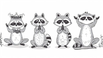 Obraz premium Professional Doodle Outline of Raccoons Practicing Four Yoga Asanas for Decor