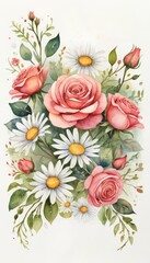 A lush floral arrangement featuring roses and daisies, creating a vibrant and cheerful design. Perfect for cards celebrating love and appreciation for any occasion