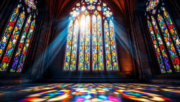 Beautiful stained glass windows illuminate a quiet cathedral interior with vibrant colors and sunlight