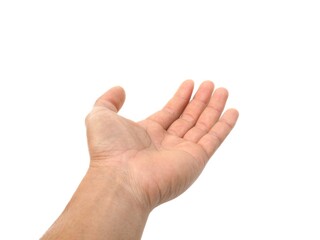 Male hands open and stretched forward on business concept isolated on white background.	