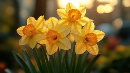 Fototapeta premium Vibrant yellow daffodils glistening with dew in a sunlit garden, creating a serene spring atmosphere