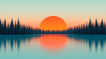 Fototapeta premium Sunset over calm lake reflected in water with silhouetted pine trees.