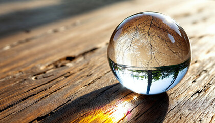 Reflection of a serene forest captured in a spherical crystal resting on weathered wooden surface