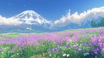 Scenic view of a snow-capped mountain and vast purple flower field under a bright blue sky.