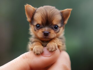 Small puppy being gently held in a hand against a blurred green background during daylight hours. Generative AI