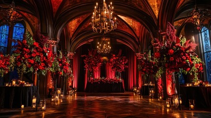 Grand gothic hall wedding reception with red floral arrangements, candles, and chandeliers.