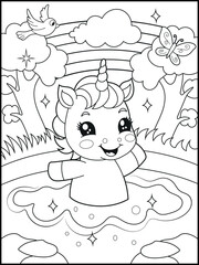 Illustration of a cute unicorn cartoon character. Black and white Printable Unicorn coloring page for kids.