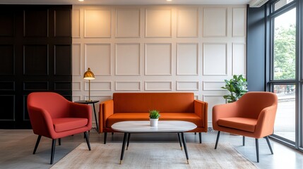 Fototapeta premium Industrial Chic Warehouse Conversion Modern living room with stylish orange furniture and natural light.