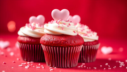 Red velvet cupcakes, pink frosting, heart-shaped sugar decorations, Valentine's Day theme, soft focus, vibrant red background, romantic mood, confectionery photography, shallow depth of field, sweet 