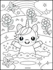Illustration of a cute unicorn cartoon character. Black and white Printable Unicorn coloring page for kids.