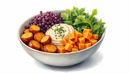 The image is a colorful and appetizing bowl filled with a variety of food items. The bowl is white and has a round shape.